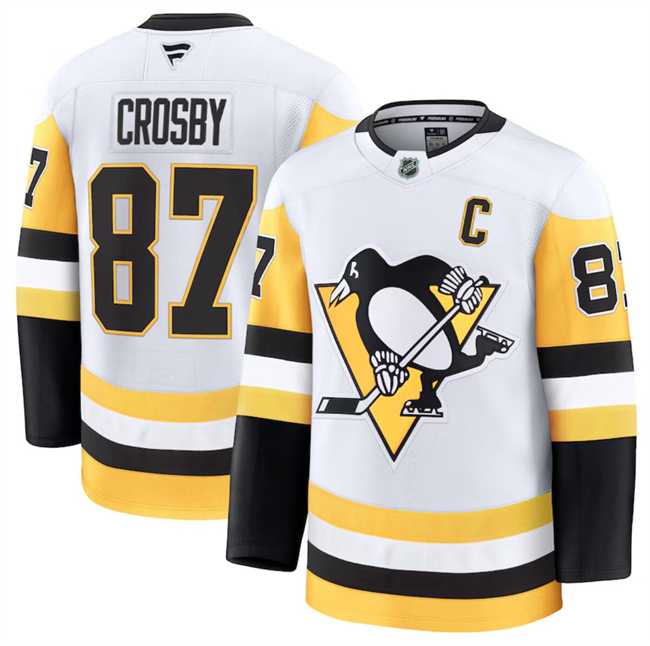 Mens Pittsburgh Penguins #87 Sidney Crosby White 2024-25 Away Stitched Hockey Jersey Dzhi